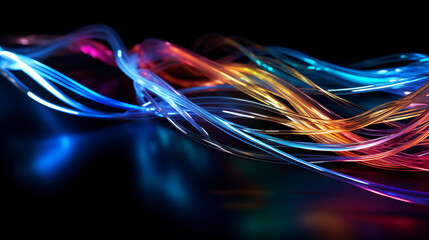 Abstract background of flowing colorful light fibers against a dark backdrop. - obrazy, fototapety, plakaty