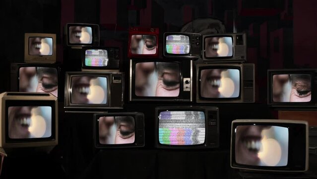 Two Girls Whispering Gossip And Telling Rumors in the Street on Vintage Television Screens. 4K Resolution.