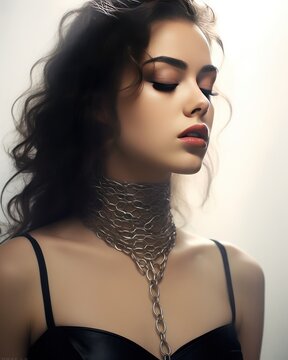 Turkish Prison Beauty Young Woman in Lace Bodysuit with Necklace and Chains