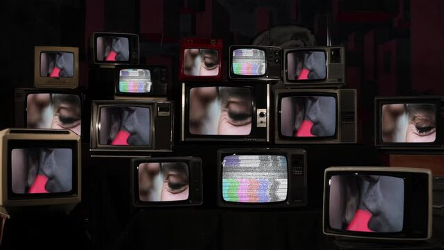 People Whispering And Telling Rumors While Gossiping in the Street on Vintage Television Screens. 4K Resolution.