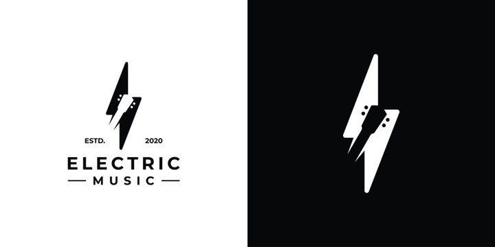 Creative Electric Music Logo. Lightning and Guitar Head with Minimalist Style. Musical Logo Icon Symbol Vector Design Template.