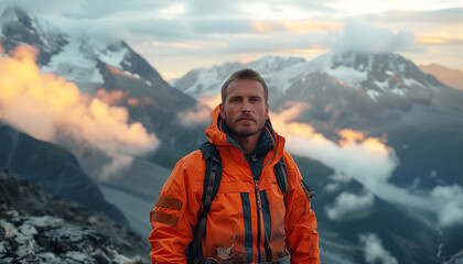 a male tourist in an orange jacket against the background of mountains - obrazy, fototapety, plakaty