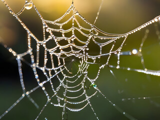 Naklejka premium A macro shot of dewdrops on a spiderweb, catching the morning light