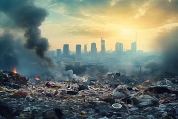 A large pile of trash dominating the foreground with a cityscape in the background, symbolizing environmental pollution and the impact on ecology - obrazy, fototapety, plakaty