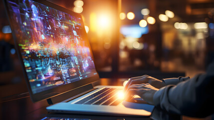 person working on a laptop in a bar, with beautiful bokeh and orange light background