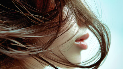 Naklejka premium A womans head with long hair blowing in the wind, showcasing hair care and style