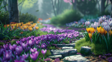 a garden path adorned with blooming Crocus flowers. 