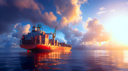 Cargo ship carrying containers in the sea, alone with morning light. Sea freight concept. - obrazy, fototapety, plakaty