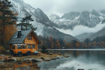 Perched on the tranquil waters, a mountain retreat awaits amidst the misty clouds and snowy peaks,...