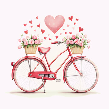 bicycle and heart, red bicycle and red rose illustration, flower, red heart shape, concept, valentines day