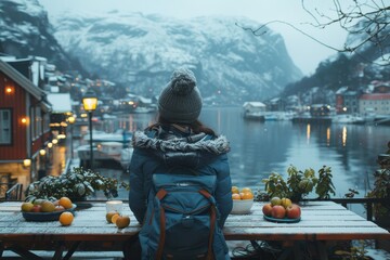 A woman sits at an outdoor table surrounded by snow-capped mountains, dressed in warm clothing as she enjoys a spread of autumn fruits and a glass of water