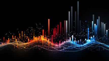 Abstract digital city skyline with colorful light trails and geometric elements on a dark background.