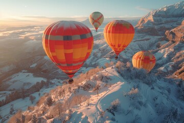 Floating high above snowy mountains, colorful hot air balloons transport adventurers through the crisp winter air, offering a breathtaking view of the vast sky