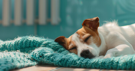 Young dog jack russell terrier sleeping on turquoise knitted plaid on the parquet floor of living room in a sunny day,Naptime: Jack  Terrier Snoozing on Turquoise Knit Blanket in Sunny living room