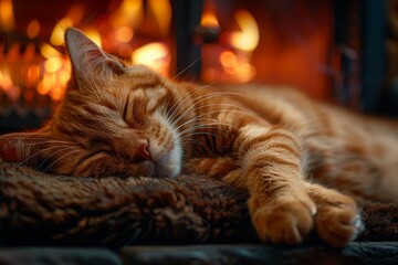A cozy domestic cat lies peacefully by the warm fireplace, its orange fur illuminated by the flickering flames as it sleeps soundly on a soft blanket - obrazy, fototapety, plakaty