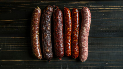 Sausages Hanging From Line, Smoked, Homemade Sausage Collection in Farm Cellar