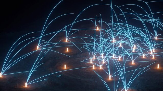 A Network Of Blue Neon Trails Emerges From Glowing Nodes On A Dark Terrain In This 3 D Animation /transition, effect, graphic, abstract, texture, marble, contrast, liquid, white, vibrant,