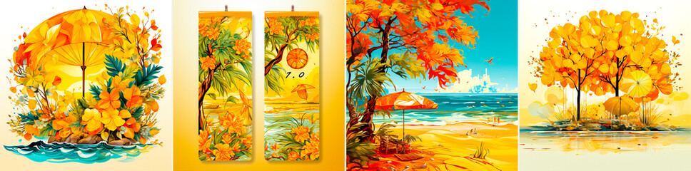 Fototapeta na wymiar banner for summer season with tree leaves and umbrella, in light yellow and light orange color style,