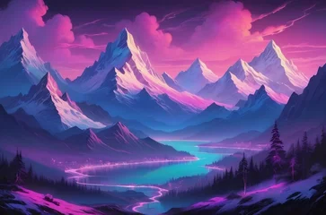 Foto op Canvas pink sunrise in the mountains, Majestic Mountain Landscape: Tranquil River Winds Through Peaks  © Chamindu