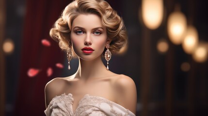 Fototapeta premium Elegant Woman Portrait in Golden Accessories Realistic 3D Photo