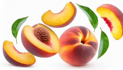 peach isolated whole peach flying with a slice on white background falling peach fruit with leaf and cut pieces full depth of field