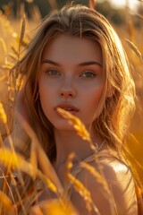 Golden Hour Beauty: Young Woman Amongst Wheat Field