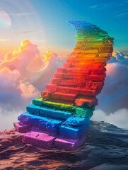 Stairway to Heaven: Rainbow-Colored Stairs Amidst Clouds