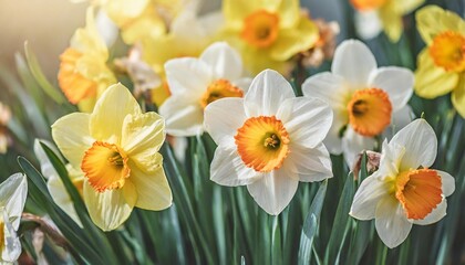Obraz na płótnie Canvas springtime blooming yellow white and apricot color daffodils spring blossoming narcissus jonquil flowers bouquet background