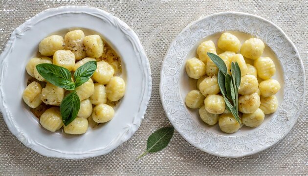 gnocchi with sage brown butter on white plates side and top view isolated on a transparent background food collection