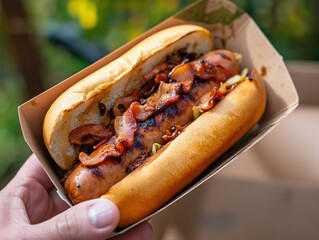 handheld grilled sausage hotdog with crispy bacon served inside of a food box  . generative ai