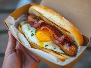 handheld grilled sausage hotdog with fried egg and crispy bacon served inside of a food box  . generative ai