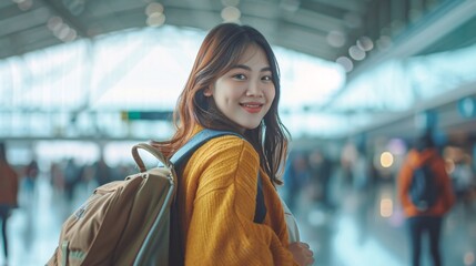 Smiling, alluring Asian lady with backpack at contemporary airport, blank area. Traveler, voyage, excursion idea.