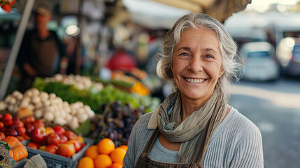 Portrait of a smiling elderly woman shopper at a local street farmer's market - obrazy, fototapety, plakaty