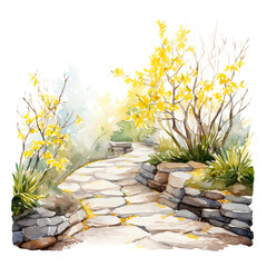 yellow blooming forsythia bushes and stone pathway watercolor illustration generative ai - 744705742