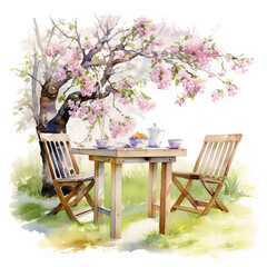 table and pair of chairs under pink blossom tree watercolor illustration generative AI - 744705763