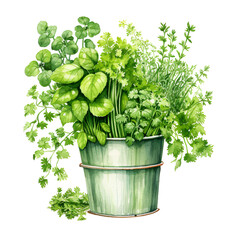 culinary herbs in pot. Green growing basil, sage, rosemary, parsley, oregano Gardening. Watercolor illustration generative ai - 744705782