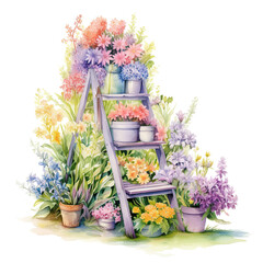 wooden ladder with different colorful blooming flowers in pots on it and around watercolor illustration generative ai. - 744705794