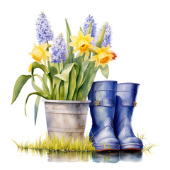 blue rubber boots and yellow daffodils, blue hyacinth in a pot watercolor illustration generative ai - 744705910