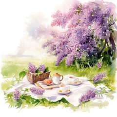picnic on a grass under a blossoming lilac bush watercolor illustration generative ai - 744705913