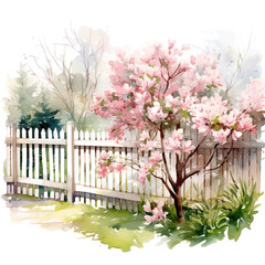 pink blossom tree near a wooden hedge early spring watercolor illustrative generative ai - 744705924