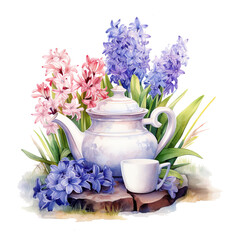 hyacinths flowers leaves with teapot and cup spring rustic watercolor illustration generative ai - 744705979