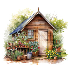 Small house cabin shed with household tools, rich green vegetation and a summer meadow watercolor illustration Generative AI - 744705991