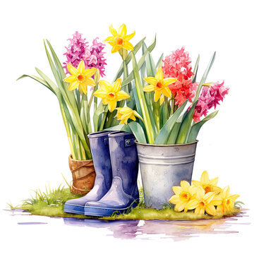blue rubber boots, yellow daffodils, pink hyacinth in a bucket watercolor illustration generative ai