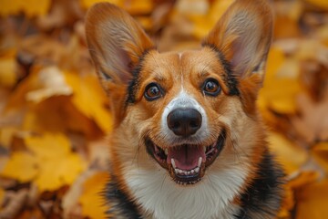A cheerful welsh corgi basks in the crisp autumn air, showing off its iconic large ears and infectious grin, embodying the playful and loyal nature of man's best friend