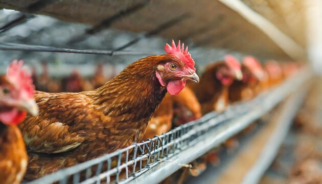 egg production brown or red chickens are seated in special cages agribusiness company chicken farm business with high farming and using technology on farming