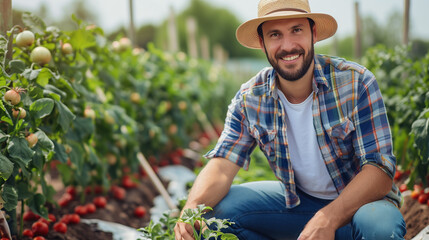 A happy farmer checks and harvests his tomato crop