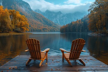 Amidst the serene autumn landscape, two wooden chairs sit on a dock overlooking a peaceful lake, surrounded by trees and mountains, under a cloudy sky, inviting us to sit and bask in the beauty of na