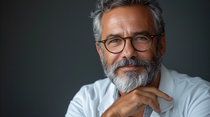 Fototapeta premium A mature, elderly expert in a white lab coat stands confidently before the camera, with a smile and arms crossed, deep in thought.