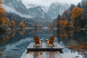 Amidst the peacefulness of an autumn landscape, two chairs sit on a dock overlooking a fog-covered lake, offering a serene spot to sit and reflect on the majestic mountain and vibrant trees surroundi - obrazy, fototapety, plakaty