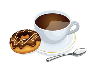 Cup of coffee and a chocolate donut vector illustration. Black coffee in a white cup and doughnut icon vector isolated on a white background. Coffee and donut drawing